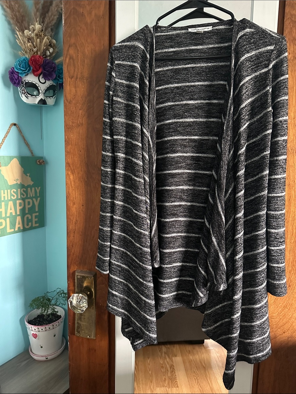 American Eagle Striped Open-Front Women's Cardigan Sweater - Black, White & Gray